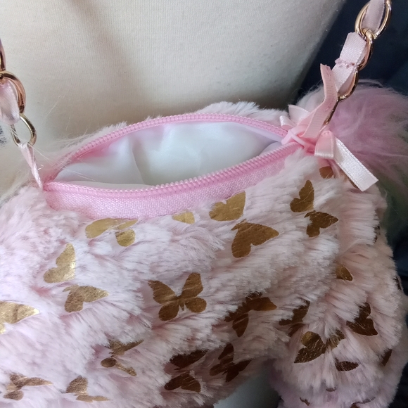 Olly & Me Pink Unicorn Purse With Gold Butterfly Pastel Pattern Plush Bag - Picture 4 of 10